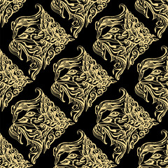 flower seamless gold pattern. hand-drawn vector illustration on black background retro style