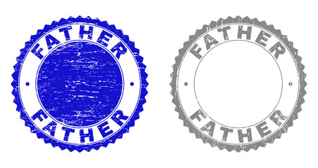 Grunge FATHER stamp seals isolated on a white background. Rosette seals with grunge texture in blue and gray colors. Vector rubber stamp imitation of FATHER title inside round rosette.