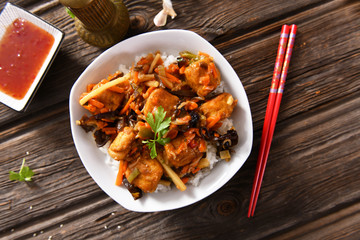 Oriental dish - rice with vegetables and chicken