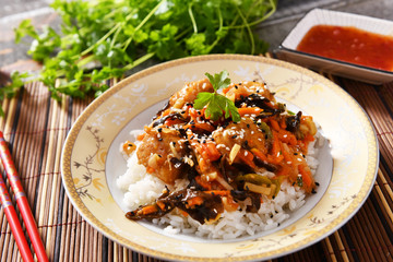 Oriental dish - rice with vegetables and chicken