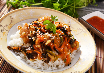 Oriental dish - rice with vegetables and chicken
