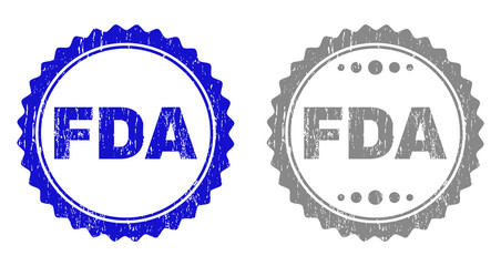 Grunge FDA stamp seals isolated on a white background. Rosette seals with grunge texture in blue and grey colors. Vector rubber stamp imprint of FDA label inside round rosette.