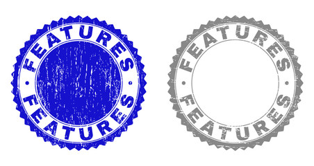 Grunge FEATURES stamp seals isolated on a white background. Rosette seals with distress texture in blue and grey colors. Vector rubber stamp imprint of FEATURES text inside round rosette.