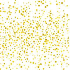 Gold glitter dots confetti on isolated backdrop. Random falling sequins with metallic shimmer. Design with gold glitter dots for greeting card, bridal shower and save the date invite.