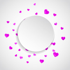 Heart paper label for Valentine day with glitter. February 14th day. Vector confetti for heart paper label template. Grunge hand drawn texture. Love theme for voucher, special business ad, banner.