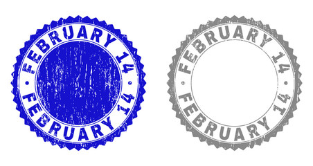 Grunge FEBRUARY 14 stamp seals isolated on a white background. Rosette seals with grunge texture in blue and grey colors. Vector rubber stamp imprint of FEBRUARY 14 tag inside round rosette.