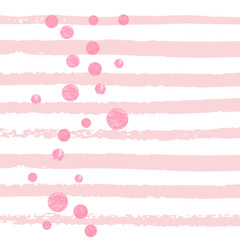 Pink glitter confetti with dots on white stripes. Falling sequins with metallic shimmer. Design with pink glitter confetti for party invitation, banner, greeting card, bridal shower.