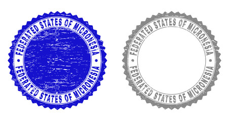 Grunge FEDERATED STATES OF MICRONESIA stamp seals isolated on a white background. Rosette seals with grunge texture in blue and grey colors.