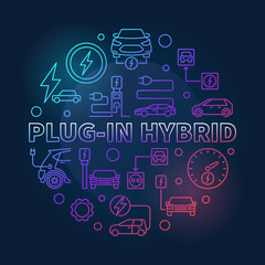 Fototapeta na wymiar Plug-in Hybrid round vector colored illustration in thin line style on dark background