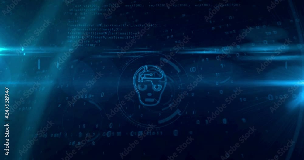 Wall mural artificial intelligence with cyber head symbol on digital background. cybernetic brain looping and s