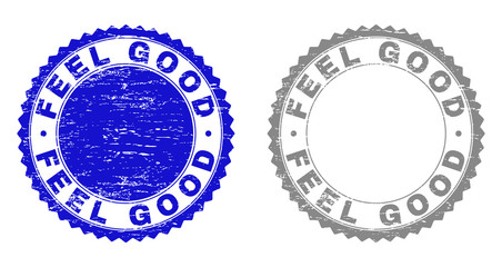 Grunge FEEL GOOD stamp seals isolated on a white background. Rosette seals with grunge texture in blue and grey colors. Vector rubber stamp imitation of FEEL GOOD text inside round rosette.