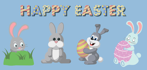 Picture with wishing happy easter and four different bunnies