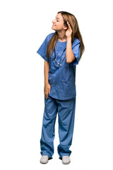 Full body Young nurse listening to something by putting hand on the ear on isolated background