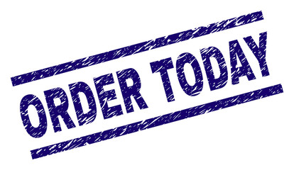 ORDER TODAY seal watermark with grunge style. Blue vector rubber print of ORDER TODAY label with grunge texture. Text label is placed between parallel lines.