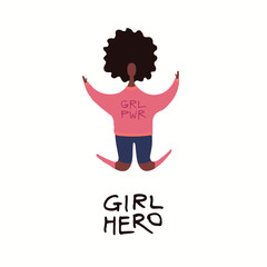 Hand drawn vector illustration of a happy black woman jumping, with quote Girl hero. Isolated objects on white background. Flat style design. Concept for feminism, womens day card, poster, banner.