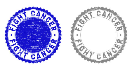 Grunge FIGHT CANCER stamp seals isolated on a white background. Rosette seals with grunge texture in blue and grey colors. Vector rubber stamp imitation of FIGHT CANCER text inside round rosette.