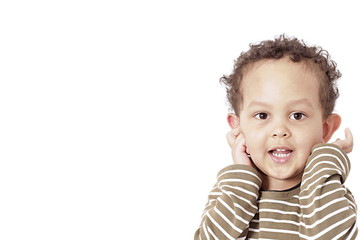 Naklejka premium adorable,african,american,baby,background,beautiful,bedroom,boy,cheerful,child,childhood,children,cute,elementary,emotion,expression,face,fun,funny,hair,hand,happiness,happy,home,innocent,isolated,joy