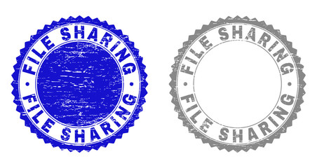 Grunge FILE SHARING stamp seals isolated on a white background. Rosette seals with grunge texture in blue and gray colors. Vector rubber overlay of FILE SHARING text inside round rosette.