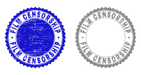 Grunge FILM CENSORSHIP stamp seals isolated on a white background. Rosette seals with grunge texture in blue and gray colors.