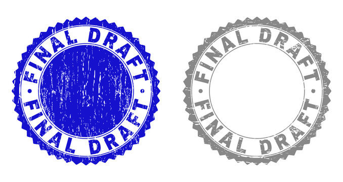 Grunge FINAL DRAFT stamp seals isolated on a white background. Rosette seals with grunge texture in blue and gray colors. Vector rubber stamp imitation of FINAL DRAFT caption inside round rosette.