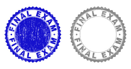 Grunge FINAL EXAM stamp seals isolated on a white background. Rosette seals with grunge texture in blue and gray colors. Vector rubber stamp imitation of FINAL EXAM title inside round rosette.