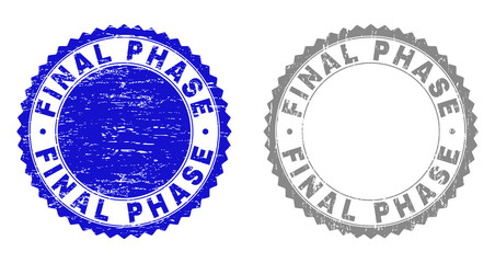 Grunge FINAL PHASE stamp seals isolated on a white background. Rosette seals with grunge texture in blue and grey colors. Vector rubber stamp imitation of FINAL PHASE text inside round rosette.