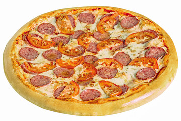 Delicious pizza served on wooden plate isolated on white