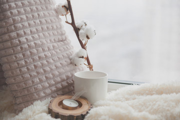 Warm and cozy window seat with cushions and blanket and cup, still life from home interior, the concept of home comfort 