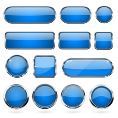 Blue glass buttons with metal frame. Collection of 3d icons