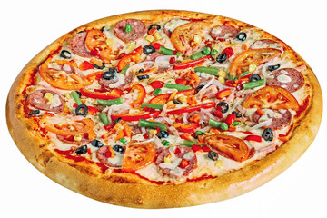 Delicious pizza served on wooden plate isolated on white