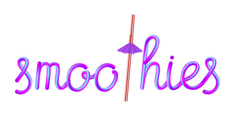 smoothies calligraphic colorful hand-drawn lettering text with disposable striped red white plastic drinking straw and violet umbrella isolated on white background, stock vector illustration clip art