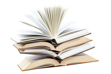 Books in a stack on white background.
