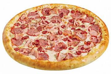 Delicious pizza served on wooden plate isolated on white