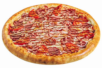Delicious pizza served on wooden plate isolated on white