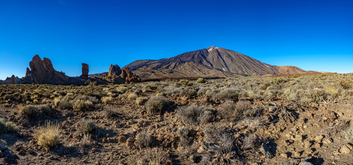 Panoramic view of Teide mountain with Los Roques