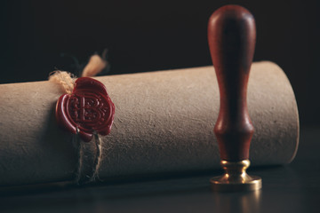 Notary's public pen and stamp on testament and last will. Notary public tools
