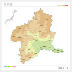 群馬県の地図（等高線・色分け・市町村・区分け）