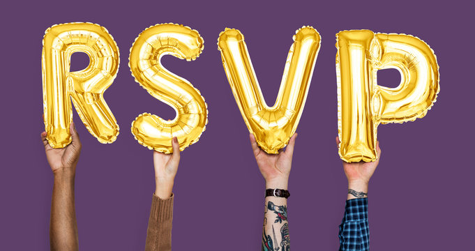 Hands holding RSVP word in balloon letters