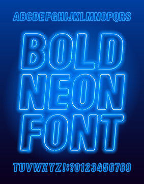 Bold neon alphabet font. Blue color light bulb oblique letters and numbers. Stock vector typeface for your typography design.