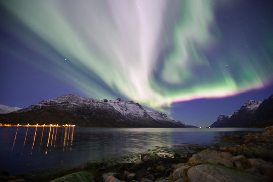 northern lights in a Fjord Norway in green, blue and violet colours and water reflexions