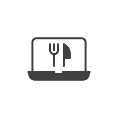 Online food ordering computer screen vector icon. filled flat sign for mobile concept and web design. Laptop with fork and knife simple solid icon. Symbol, logo illustration. Pixel perfect 