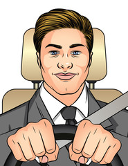Color vector illustration man driving a car. Businessman traveling to work in the car. A happy man inside the car is wearing a seat belt. Man holds hands on the wheel
