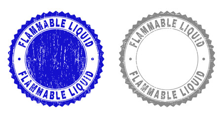 Grunge FLAMMABLE LIQUID stamp seals isolated on a white background. Rosette seals with grunge texture in blue and gray colors.