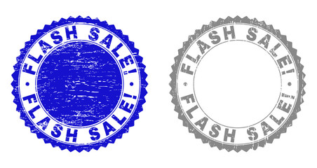 Grunge FLASH SALE! stamp seals isolated on a white background. Rosette seals with grunge texture in blue and grey colors. Vector rubber stamp imprint of FLASH SALE! text inside round rosette.