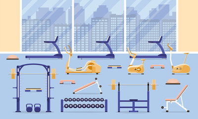 Sport fitness gym interior workout equipment. Flat vector illustration.