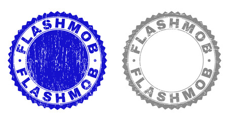 Grunge FLASHMOB stamp seals isolated on a white background. Rosette seals with grunge texture in blue and grey colors. Vector rubber stamp imprint of FLASHMOB text inside round rosette.