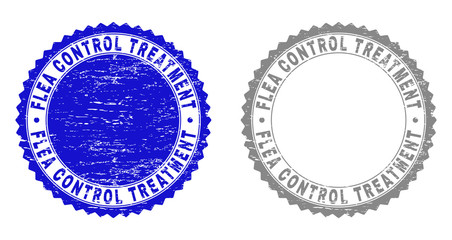 Grunge FLEA CONTROL TREATMENT stamp seals isolated on a white background. Rosette seals with grunge texture in blue and grey colors.