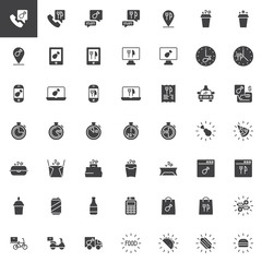 Food delivery vector icons set, modern solid symbol collection, filled pictogram pack. Signs, logo illustration. Set includes icons as Delivery bike, Lunch box, Fast food, Takeaway coffee, Pizza