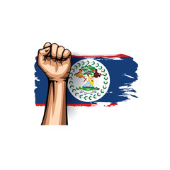 Belize flag and hand on white background. Vector illustration