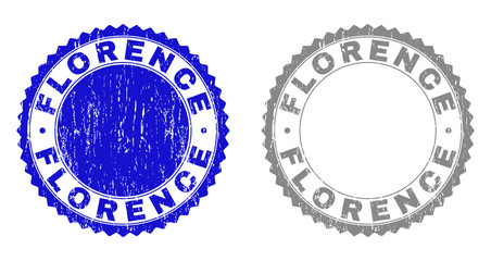Grunge FLORENCE stamps isolated on a white background. Rosette seals with grunge texture in blue and gray colors. Vector rubber stamp imitation of FLORENCE label inside round rosette.